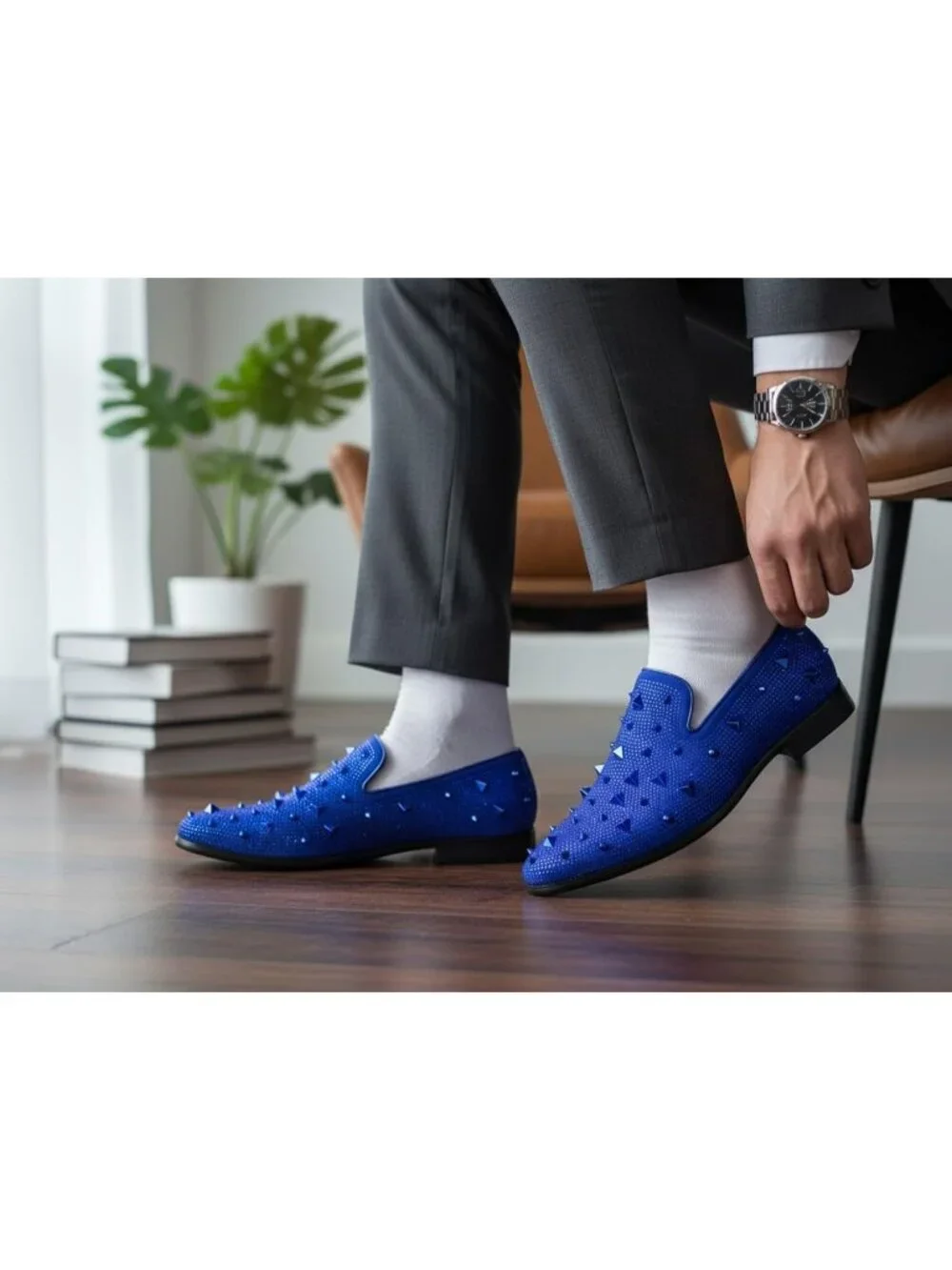 Matrocharm Men's Blue Rubber Vintage Spike Rhinestone Loafer Slip On Party Shoes